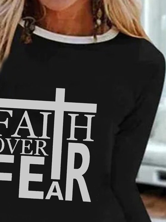 Faith Over Fear Letters Printed Long Sleeves Crew Neck Casual Tops