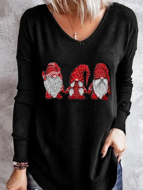 Christmas Gnomes V Neck Long Sleeve Casual T-shirt