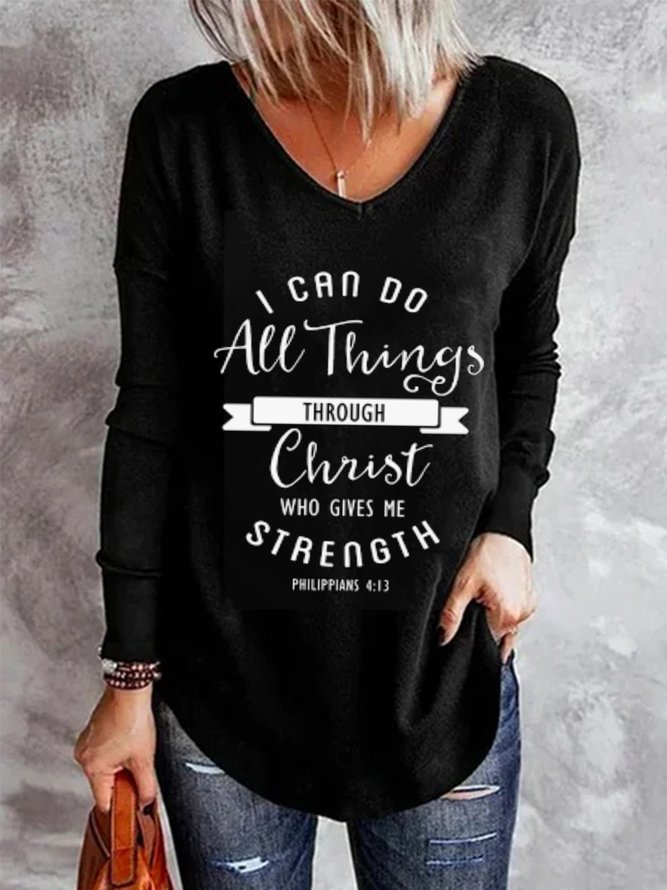 I Can Do All Things Through Christ Who Strengthens Me Letters Pattern Long Sleeves V Neck Casual Top