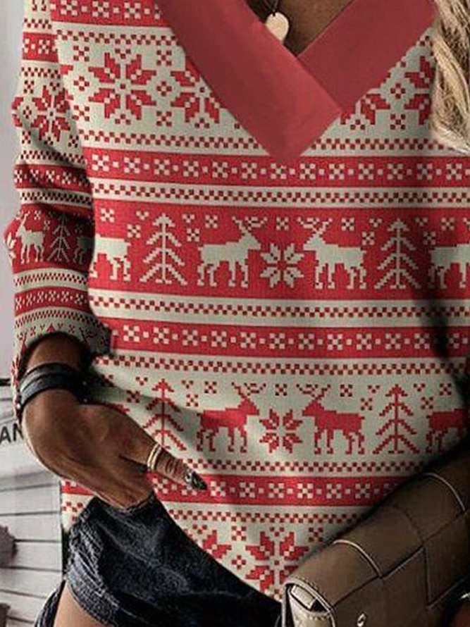 Color-block Christmas Snow Elk Long Sleeve V Neck Plus Size Casual Sweatshirt Xmas Hoodies