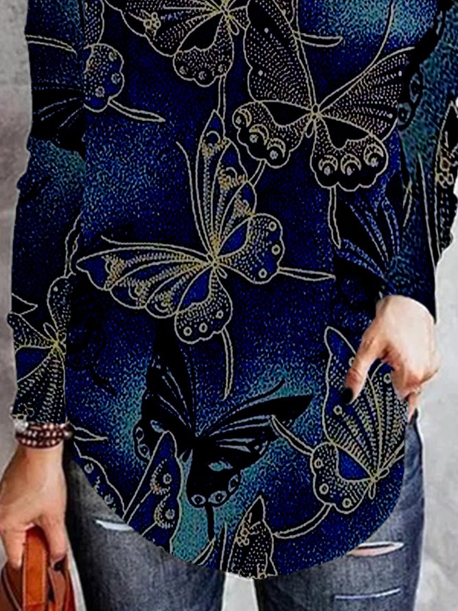 Vintage Butterfly Pattern Long Sleeve V Neck Plus Size Casual Tops