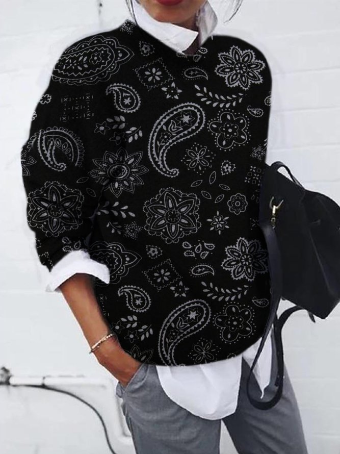Casual Crew Neck Paisley Long Sleeve Tops