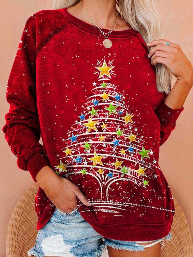 Christmas Xmas Tree Long Sleeve Round Neck Plus Size Printed Tops Sweatshirts