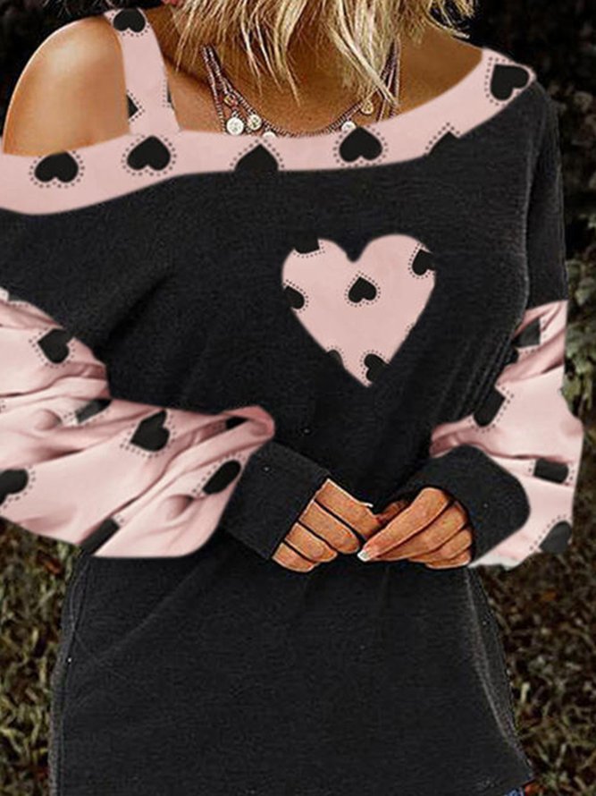Cotton Casual Off  Shoulder Pink Leopard Heart Tops