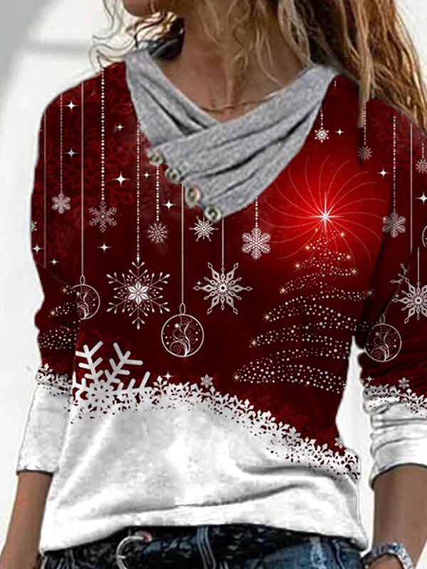 Christmas Printed Cowl Neck Casual T-shirt Xmas T-shirt