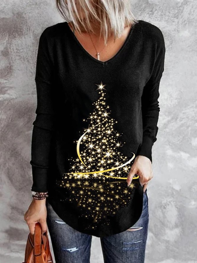 Christmas Xmas Tree Long Sleeve V Neck Plus Size Printed Top T-shirt Xmas T-shirt