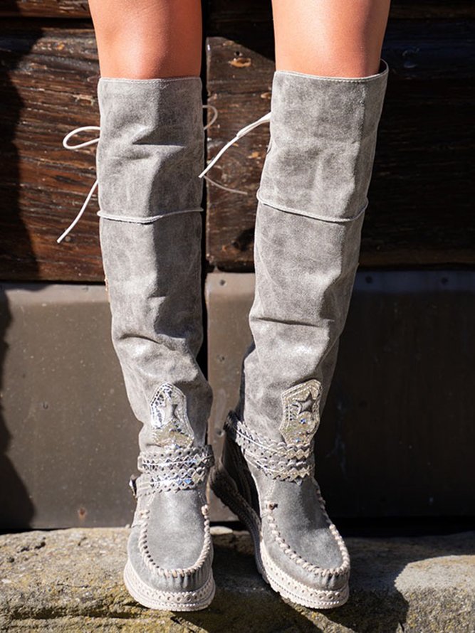 Vintage Belt Buckle Lace-up Suede Over the knee Boots