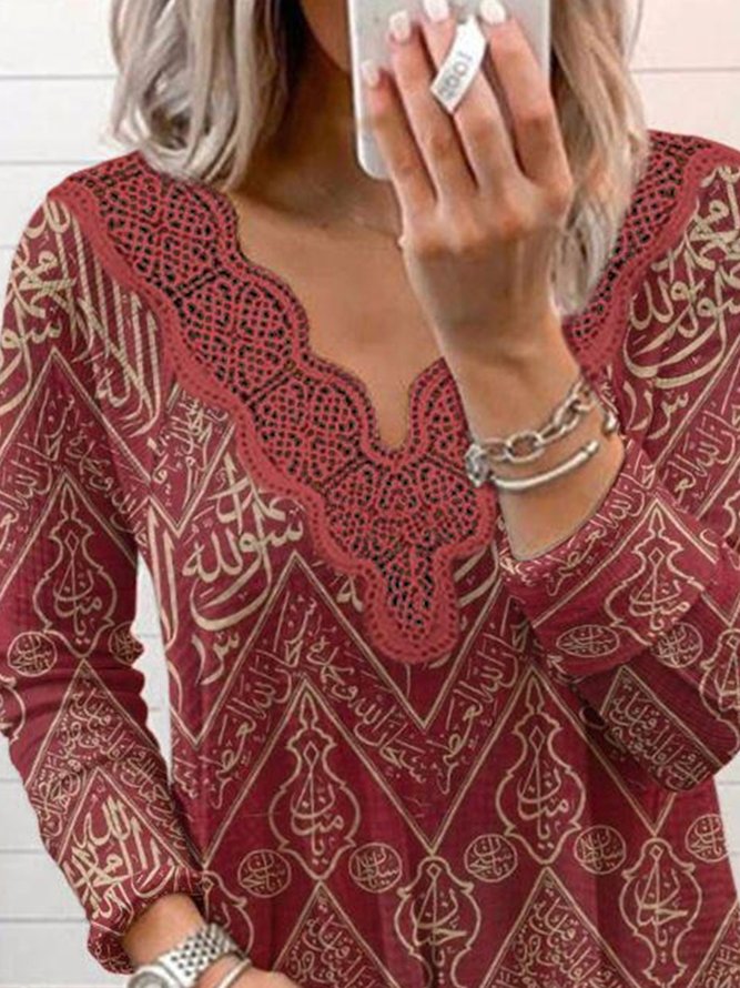Tribal Geometric Printed Long Sleeves Lace V Neck Plus Size Casual Tops