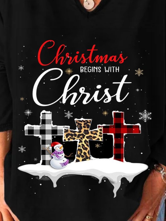 Christmas Xmas Long Sleeve U Neck Plus Size Printed Top T-shirt Xmas T-shirt
