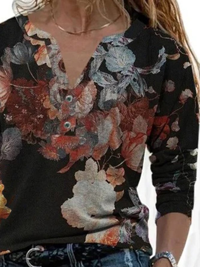 Floral Printed V Neck Casual Vintage Long Sleeve Tops