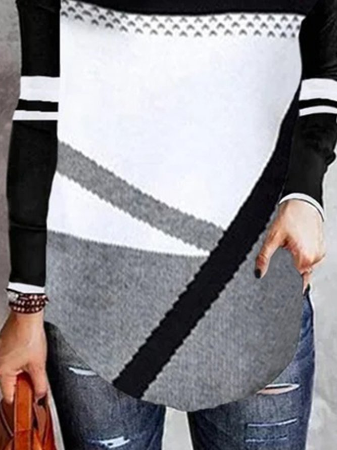 Color-block Geometric Striped Printed Long Sleeves V Neck Casual Top