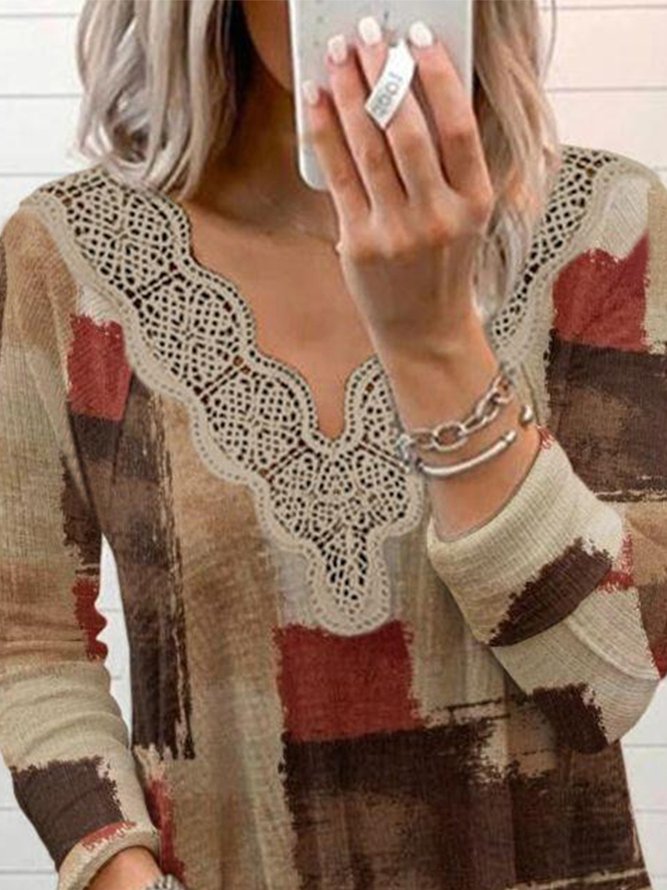 Color-block Geometric Printed Long Sleeves Lace V Neck Casual Tops