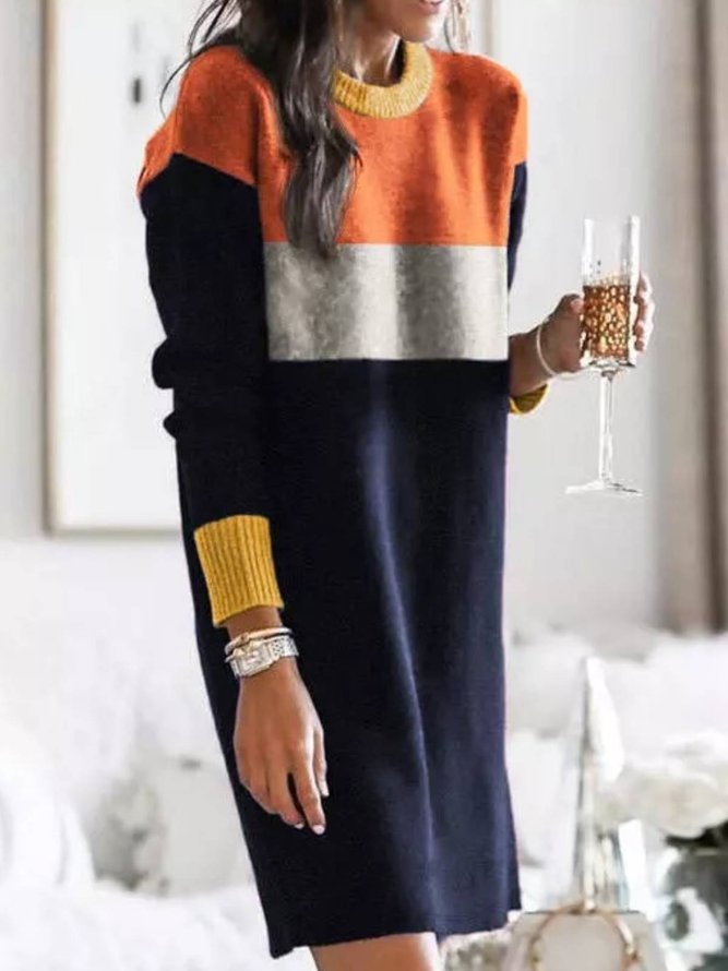 Round Neck Casual Color Block Sweater Dress