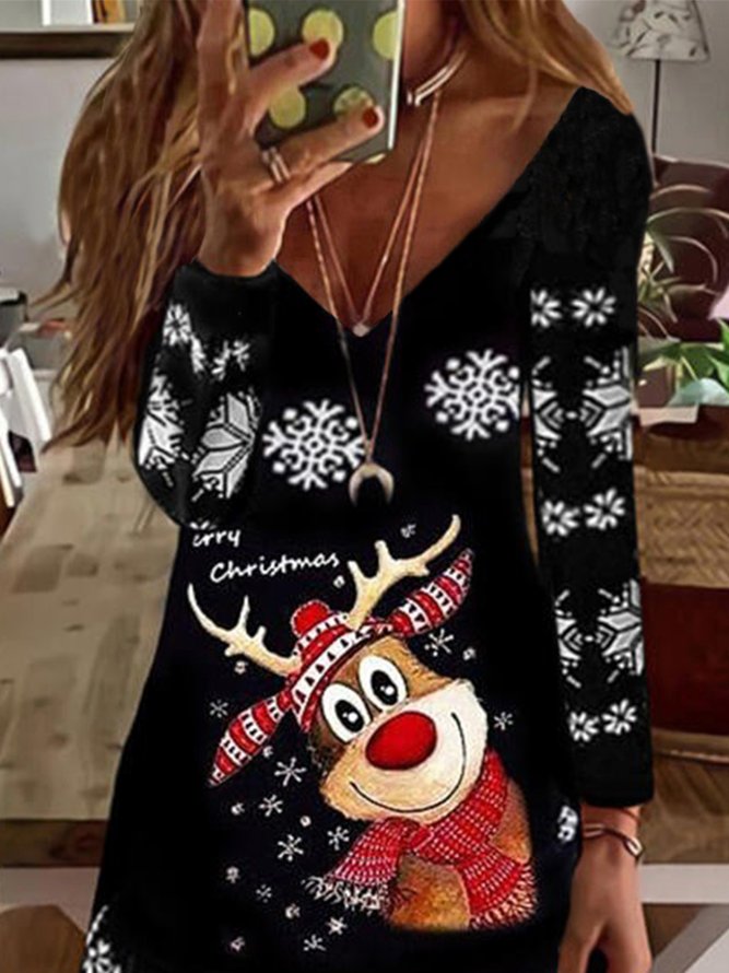 Vintage Christmas Snow Elk Long Sleeve V Neck Casual Knitting Dress Xmas Dress