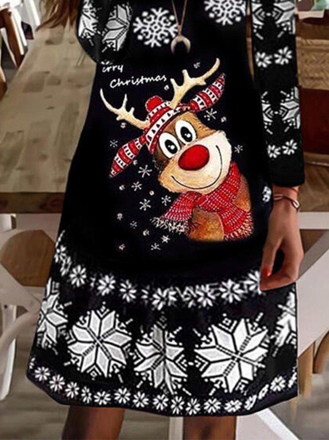 Vintage Christmas Snow Elk Long Sleeve V Neck Casual Knitting Dress Xmas Dress