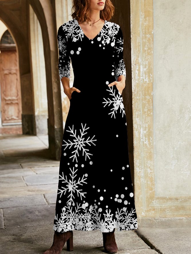 Snowflake Printed Long Sleeves V Neck Plus Size Casual Knitting Dress