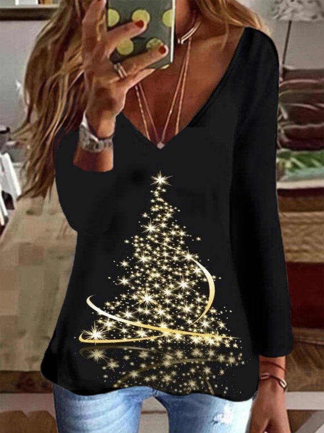 Shining Christmas Tree Printed Long Sleeves V Neck Plus Size Casual Tops Xmas T-shirt