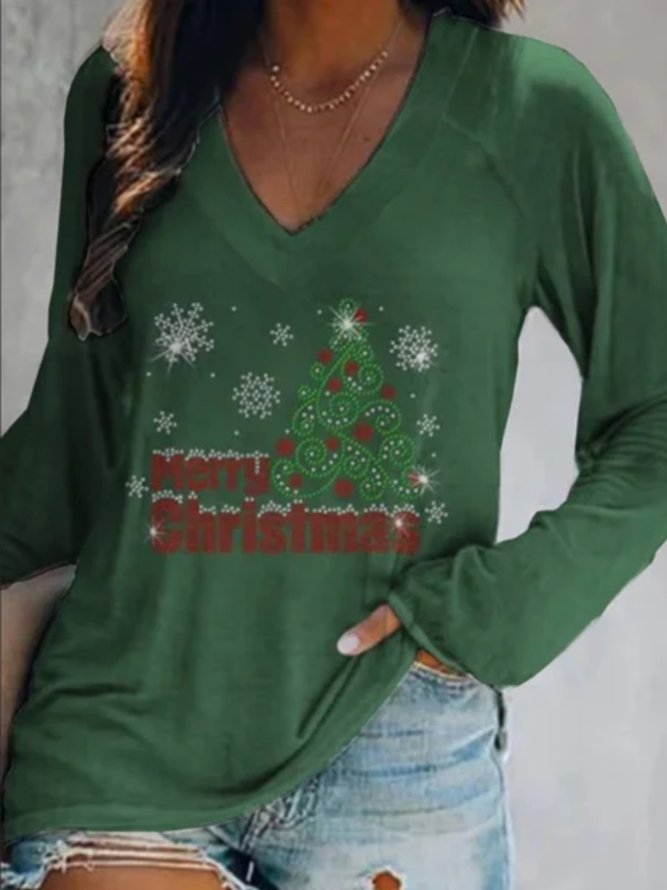 Christmas Xmas Long Sleeve V Neck Printed Top T-shirt