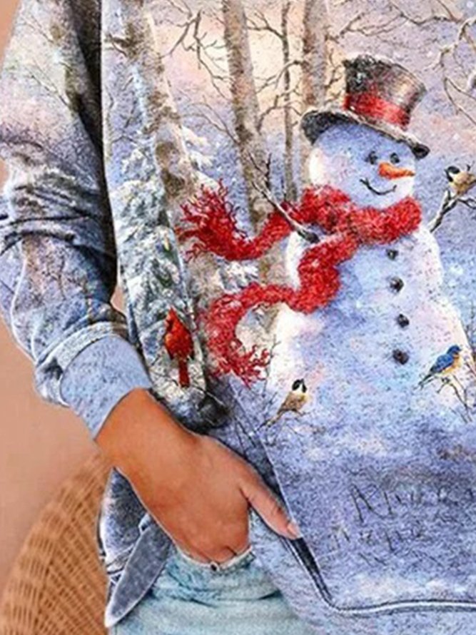 Christmas Snowman Printed Long Sleeve Crew Neck Plus Size Casual Sweatshirt Xmas Hoodies