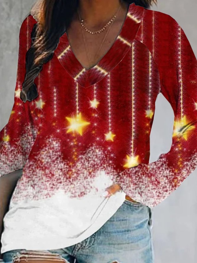 Christmas Xmas Star Long Sleeve V Neck Printed Top T-shirt Xmas T-shirt
