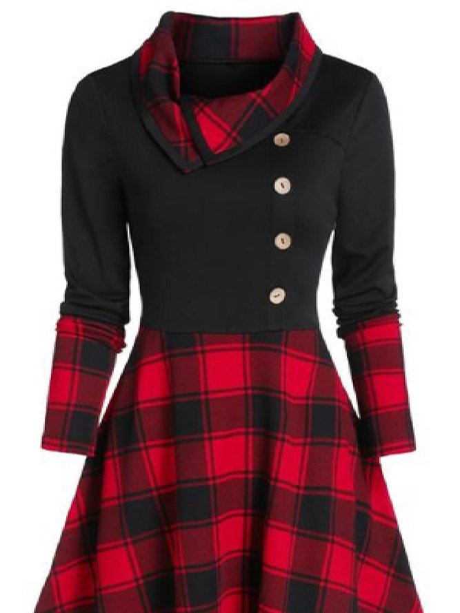 Casual Cowl neck Checked/Plaid Long Sleeve Knitting Dress
