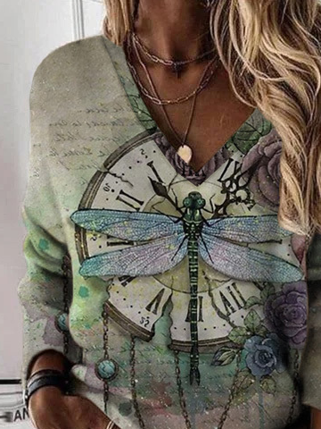 V Neck Pastoral Loosen Sweatshirt
