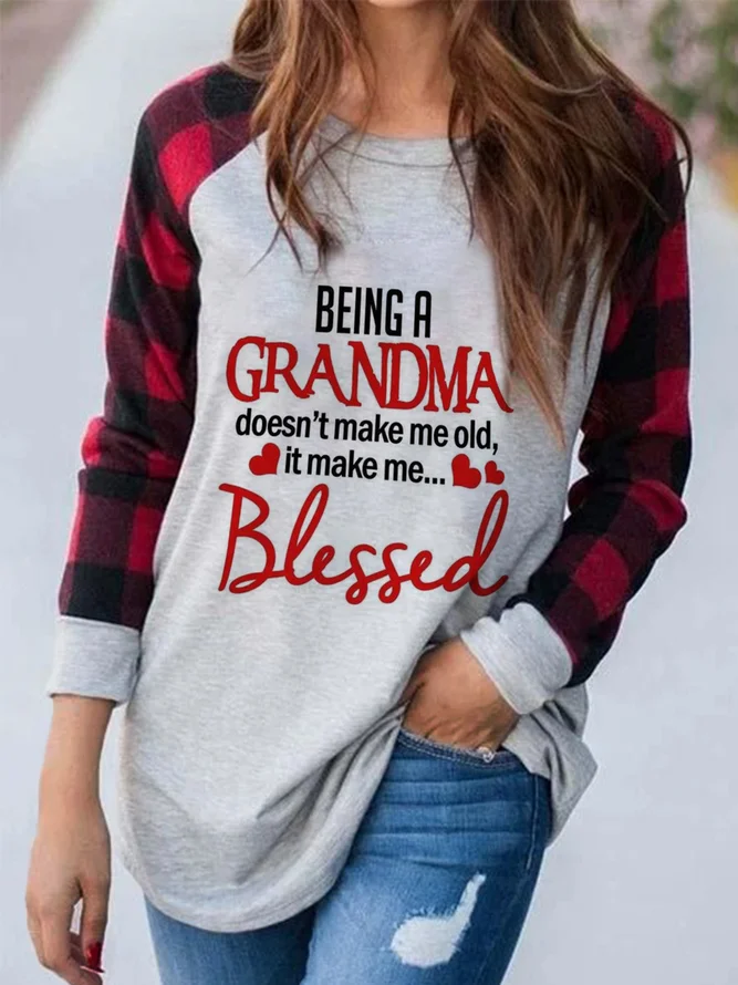 Letters Plaid Printed Long Sleeves Crew Neck Casual Top