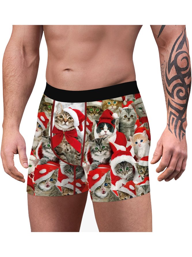 Men's Christmas Cat Print Boxer Briefs
