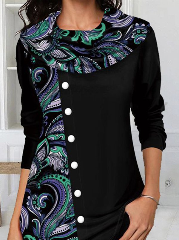 Cowl Neck Long Sleeve Printed Casual T-shirt