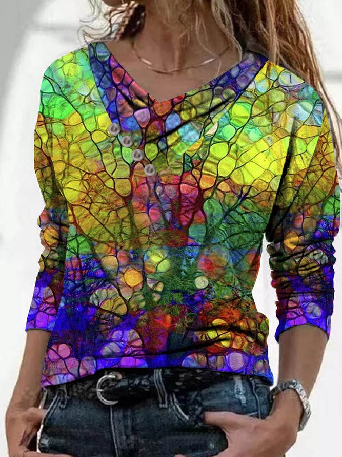 Casual Colorful Print V Neck Long Sleeve Top