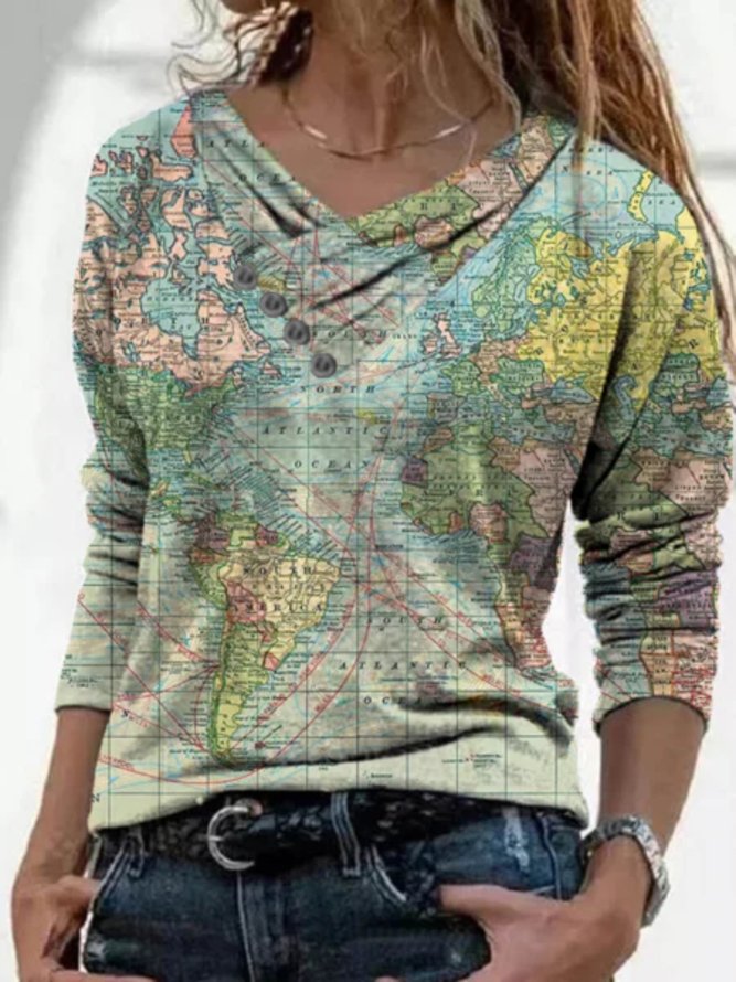 Casual Long Sleeve Plus Size Printed Tops