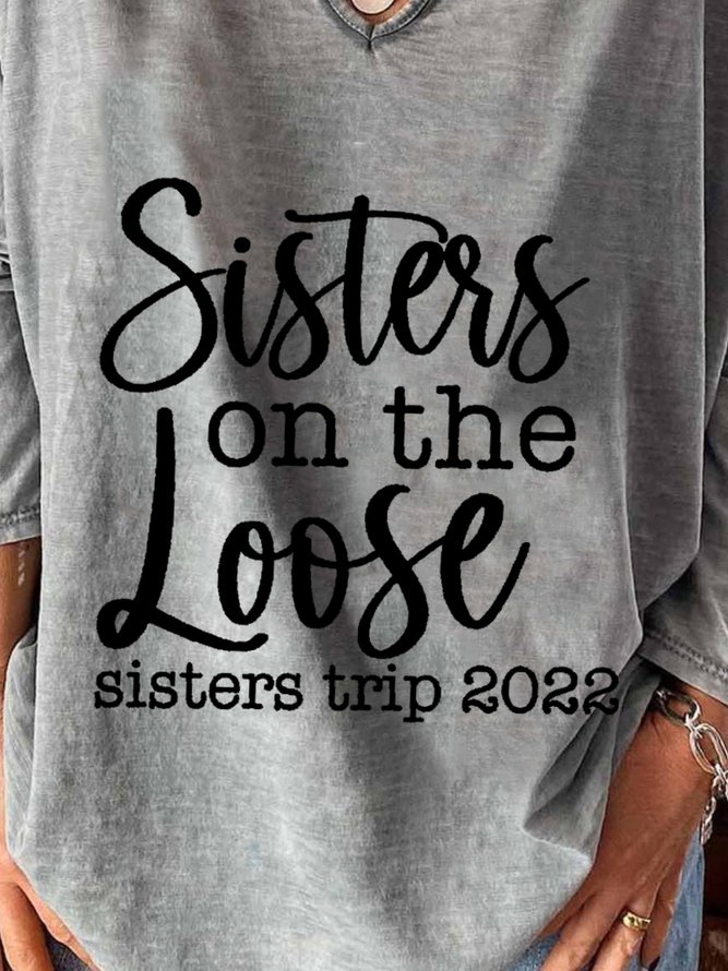 Sisters Trip 2022 Long Sleeve U Neck Plus Size Printed Tops T-shirts