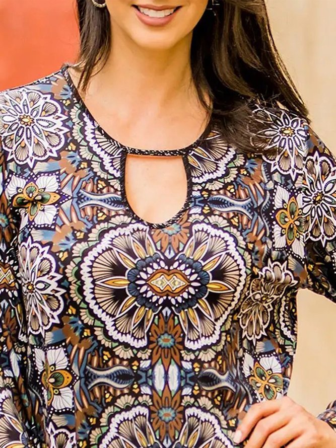 Tribal Printed Long Sleeves Notched Casual Tunic Top