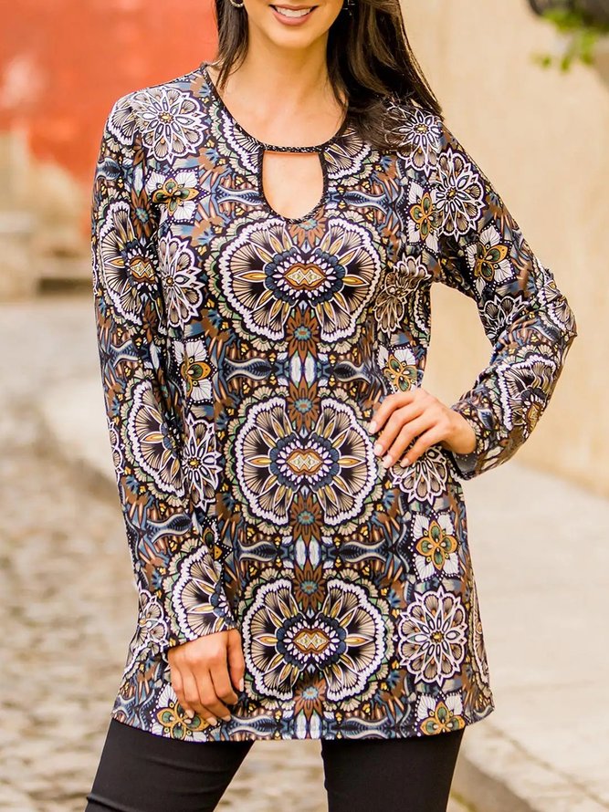 Tribal Printed Long Sleeves Notched Casual Tunic Top