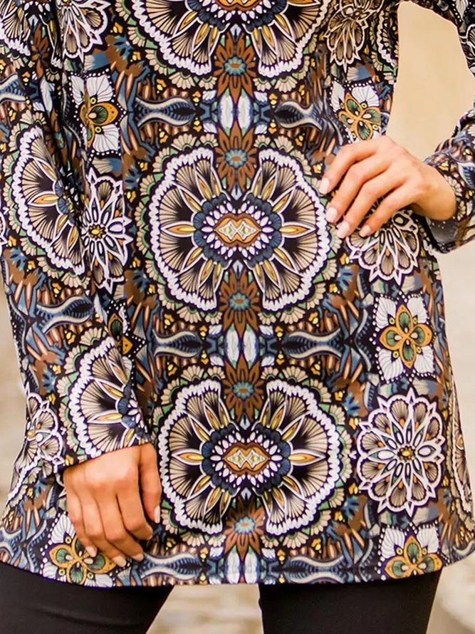Tribal Printed Long Sleeves Notched Casual Tunic Top