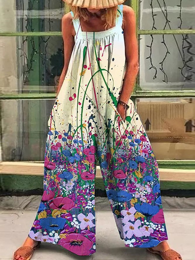 Plant flower printing Loosen Casual Square Neck One-Pieces
