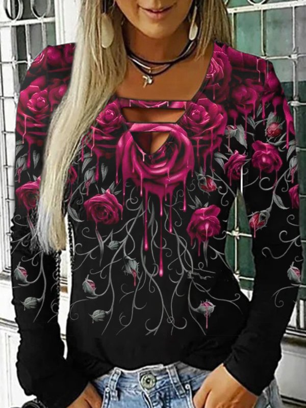 Floral V Neck Long Sleeve Sexy T-shirt