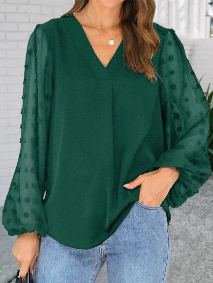 Plain Jacquard Elastic Cuff Long Sleeve V Neck Casual Top