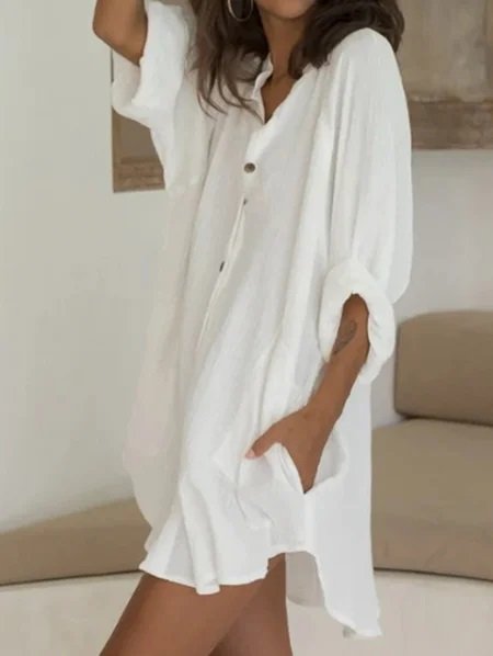 Women Casual Half Sleeve Linen Plain Mini Dresses