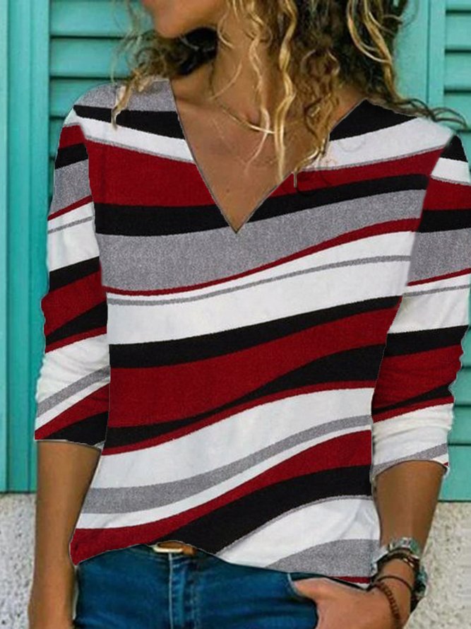 Striped Casual V Neck Long Sleeve Top