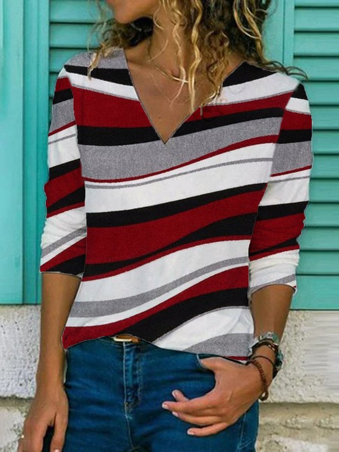 Striped Casual V Neck Long Sleeve Top
