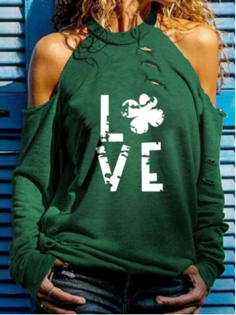 Lucky clover Letter Cotton Blends Halter Tops