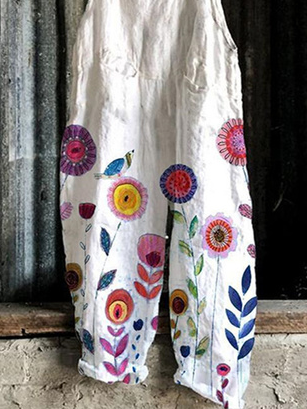 Floral Jumpsuit & Romper Casual printed pocket suspenders jumpsuit
