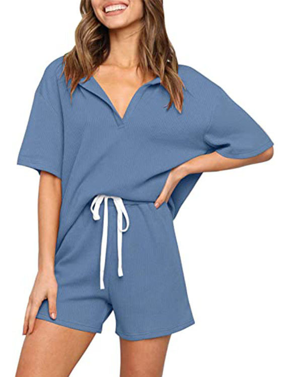 V Neck Solid Cotton Blends Two Piece Sets | zolucky
