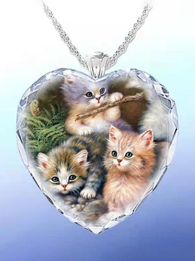 Heart Shaped Crystal Cat Necklace