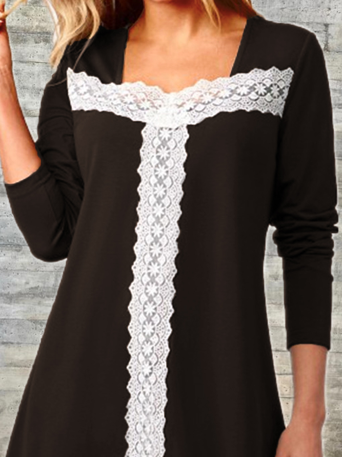 Lace Pastoral Square Neck Long Sleeve Tops