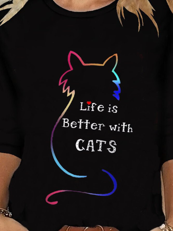 Life Is Better With Cats Long Sleeve Round Neck Printed Top T-shirt