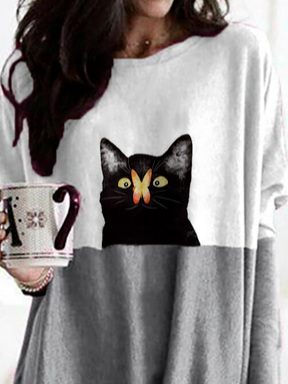 Cat Printed Casual Long Sleeve Knitting Dress
