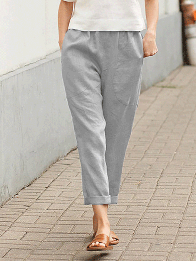 Large pockets solid color comfortable casual pants straight leg trousers women