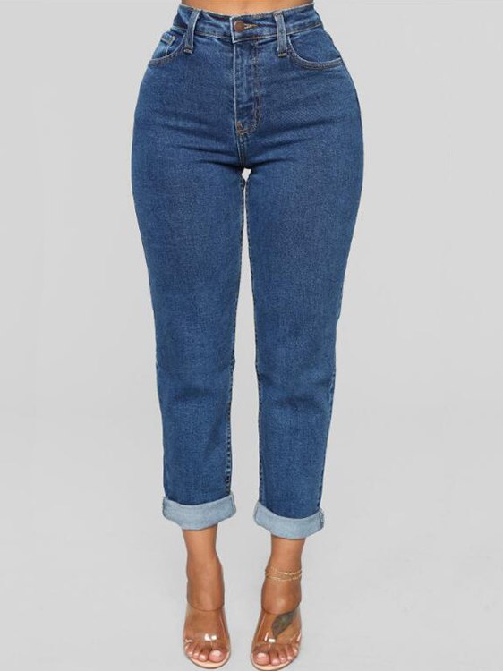Washed blue women's high-waisted small feet pencil jeans